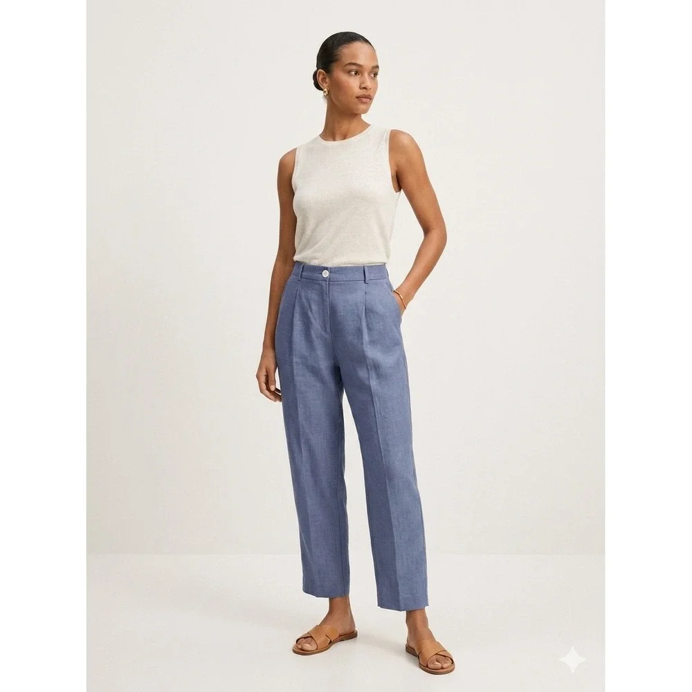 Mango Trousers Women Size 10 Blue Bruno Linen Pleated Straight Leg Pants NEW